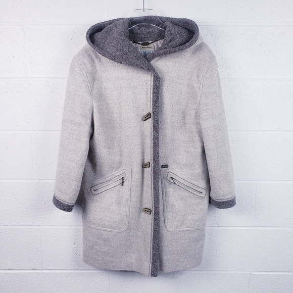 Vintage Jackets & Blazers - M & G Made In Germany Boiled Wool Hooded Toggle Duffle Coat Cream Size US 18
